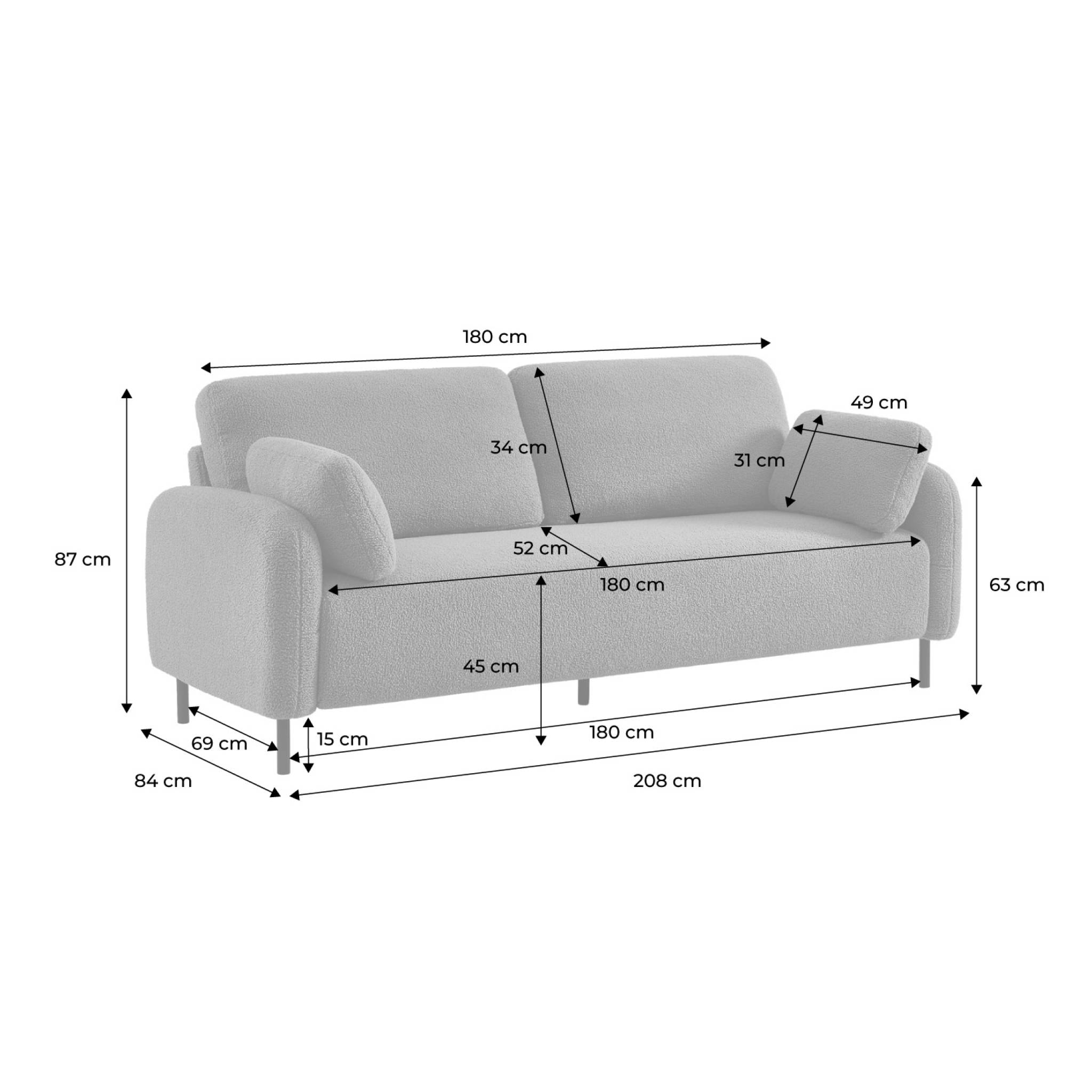 Canapé 3 places eucalyptus. bouclette beige foncé et piétement métal Teddy