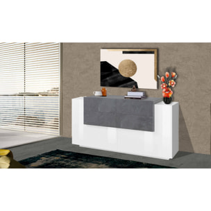 Credenza moderna a 2 ante e 4 cassetti, Made in Italy, Madia da cucina, Buffet di design da soggiorno, cm 160x45h86, colore Bianco lucido e Grigio Ardesia