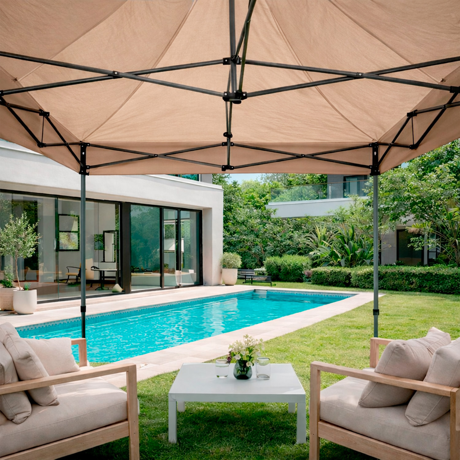 Gazebo Professionale 3x3 M Richiudibile Automatico In Acciaio Con Telo Oxford 1200D PVC Impermeabile e Anti UV A Fisarmonica con Sacche Tortora