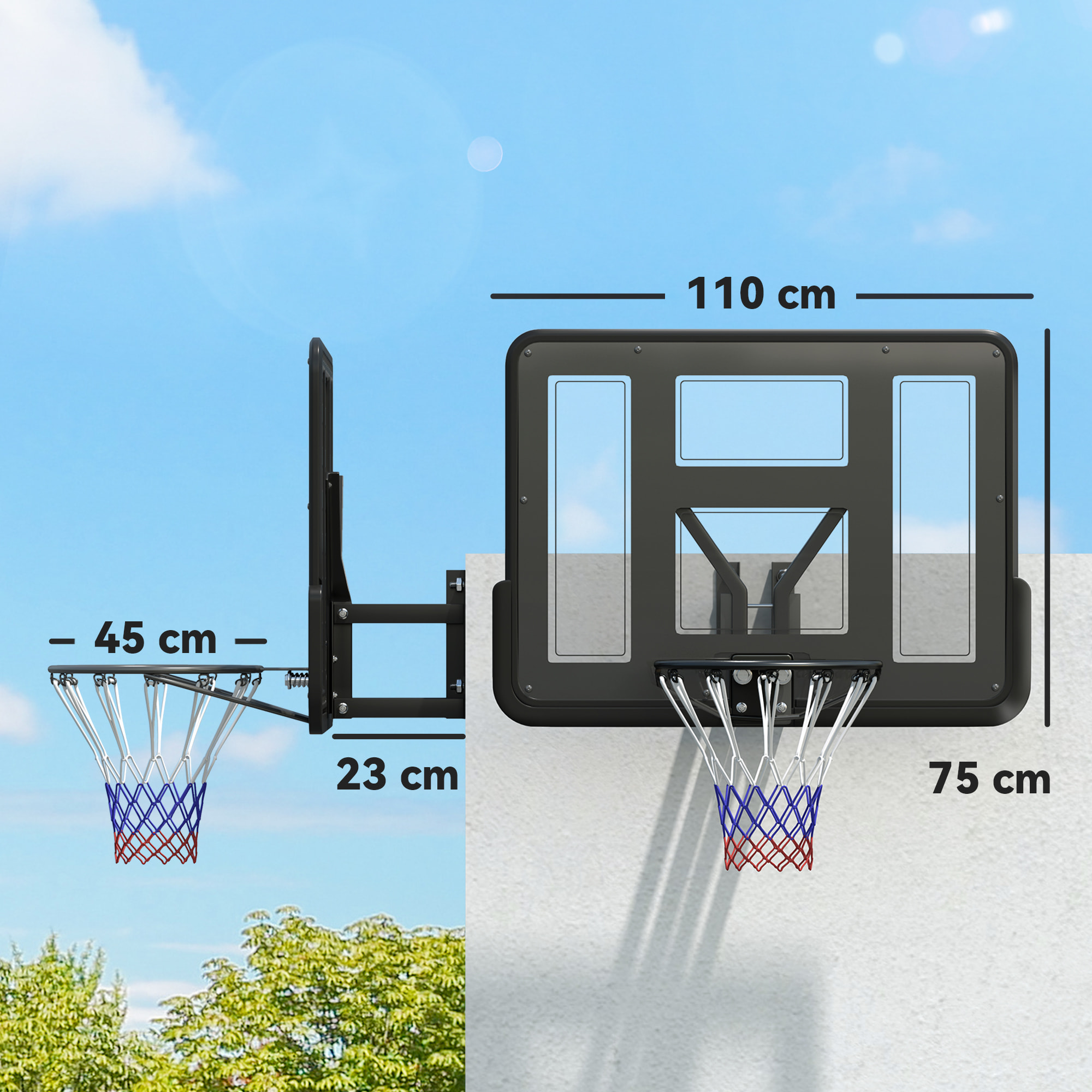 Canasta de Baloncesto de Pared, Tablero de Baloncesto para Interior y Exterior, con Panel Irrompible de 110x75 cm y Red Resistente a Desgarros, para Adultos y Niños, Negro
