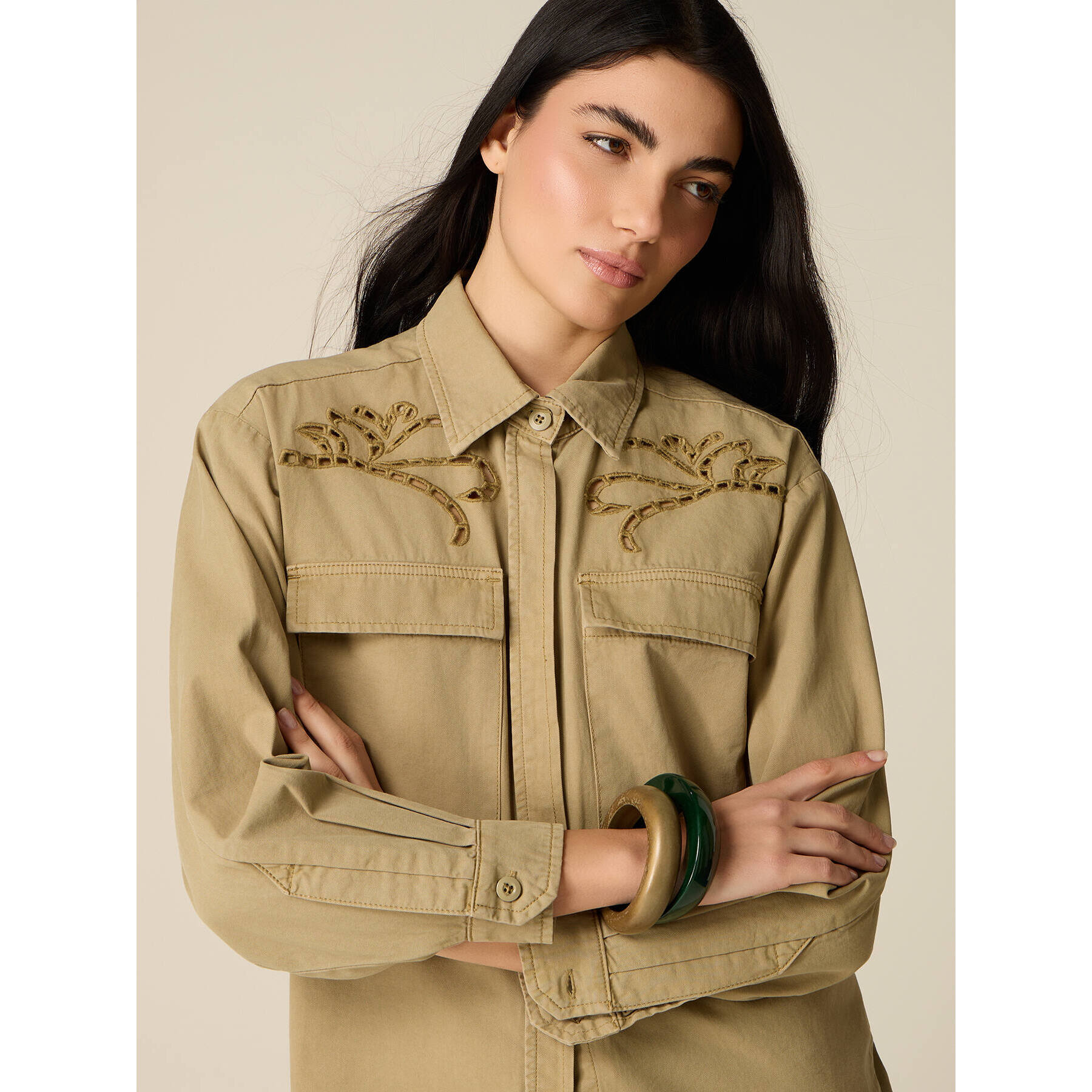 Oltre - Camisa de algodón con bordados see-through - Verde militare