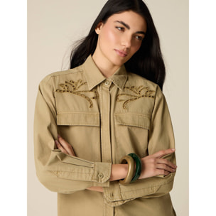 Oltre - Camisa de algodón con bordados see-through - Verde militare