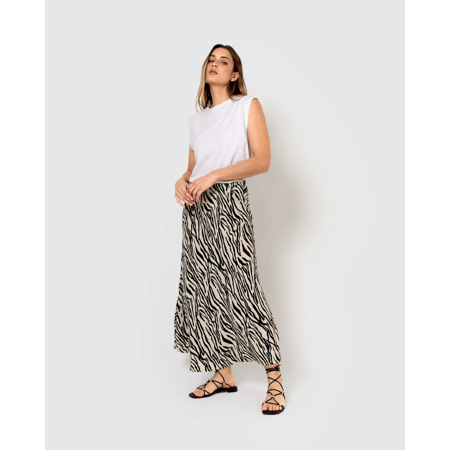 Falda midi bambula detalles plisados yves beige/negro