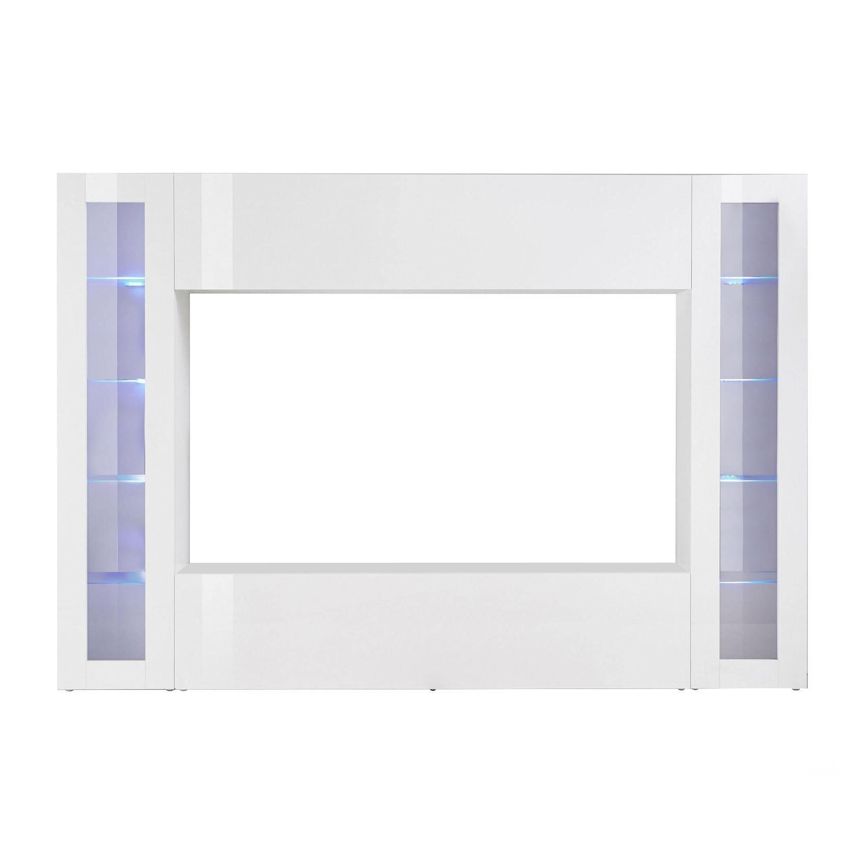 Parete attrezzata da soggiorno, Made in Italy, Base porta TV e pensili e scaffali, Set salotto moderno, cm 260x30h180, colore Bianco lucido, con luce LED blu e due vetrine