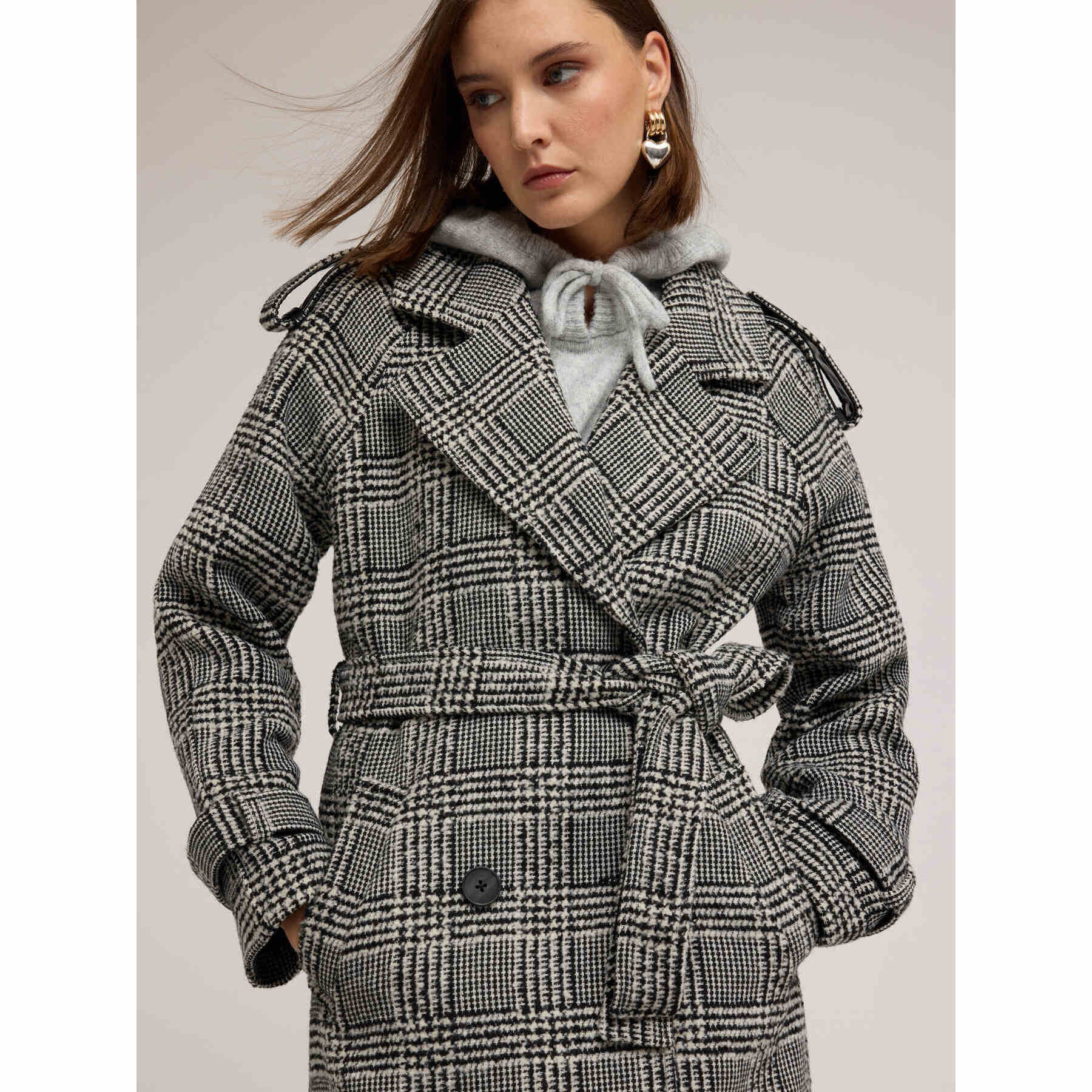 Motivi - Cappotto in misto lana fantasia check - Grigio