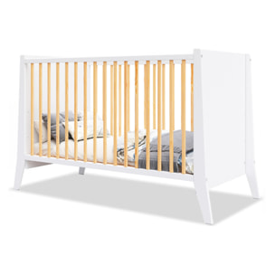 Lit Evolutif Timéo à barreaux 60 x 120 cm, Couleur Blanc & Bois, En Bois, 3 Hauteurs, Barreaux amovibles