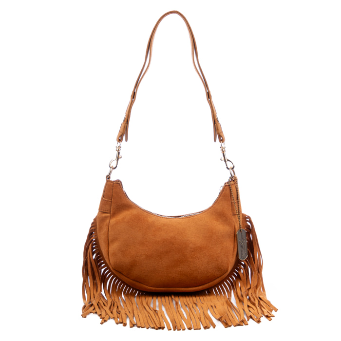 Ateleta bolso bandolera de piel auténtica gamuza, con flecos.