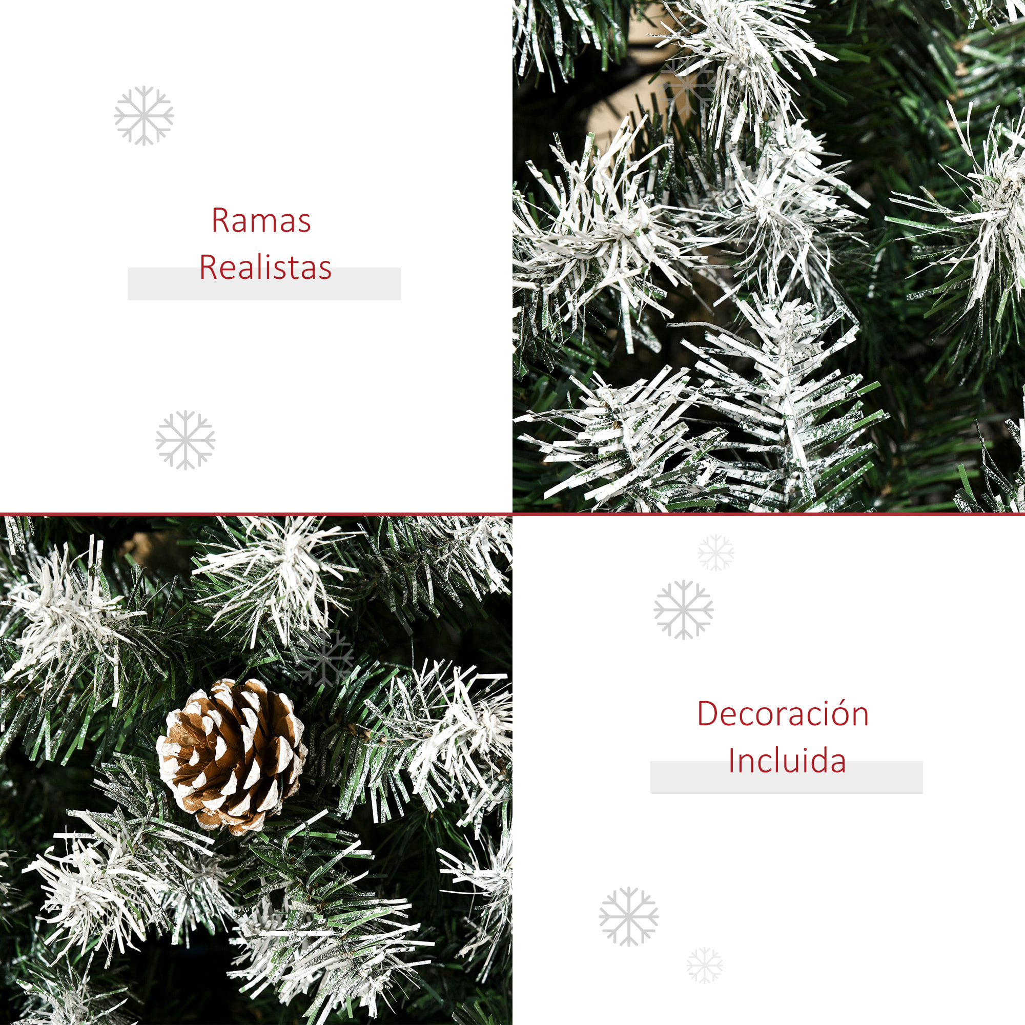 HOMCOM Árbol de Navidad Artificial 180 cm con Nieve Ignífugo con 800 Ramas 61 Piñas Hojas de PVC Apertura Automática Base Plegable y Soporte Metálico Decoración Navideña para Interiores Verde