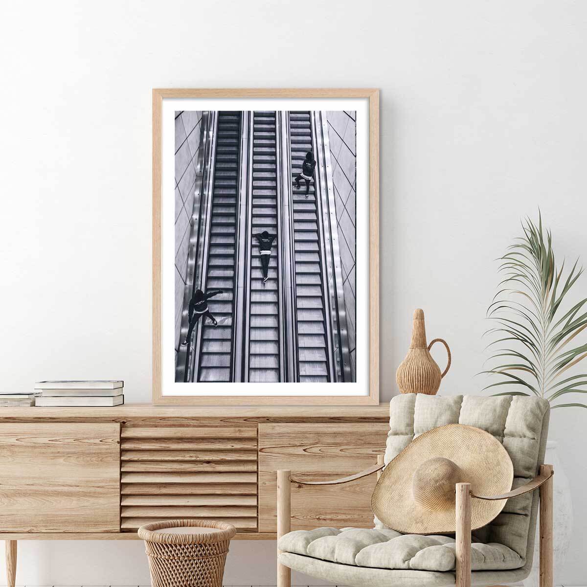 Affiche noir et blanc clic clac escalators Affiche + cadre en bois - Chêne