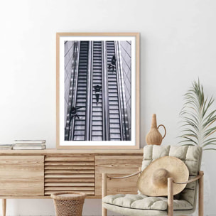 Affiche noir et blanc clic clac escalators Affiche + cadre en bois - Chêne