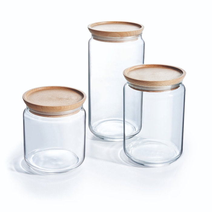 Lot de 3 pots de conservation Pure Jar Wood - Luminarc - En verre avec couvercle hermétique bois - 1,5L + 1L + 0,75L