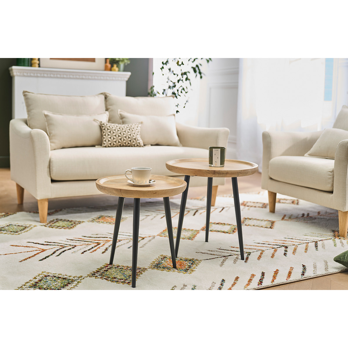 Tables basses gigognes rondes bois manguier massif et métal noir (lot de 2) PYTA