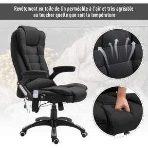 Fauteuil de bureau direction massant chauffant hauteur réglable dossier inclinable toile de lin noir