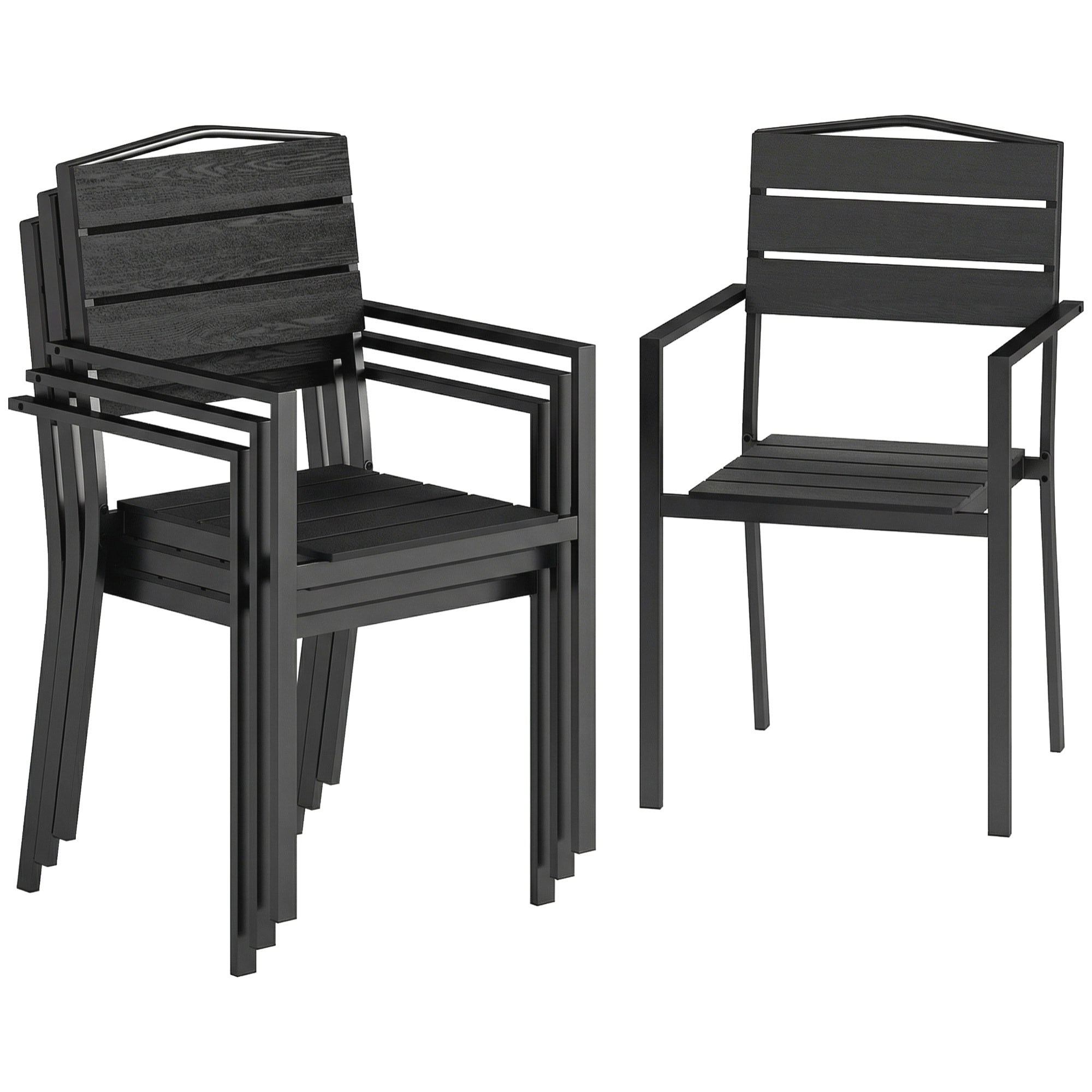 Juego de 4 Sillas de Jardín Exterior Apilables, Sillas Terraza Exterior con Reposabrazos, Asiento y Respaldo de HDPE con Listones, Estructura Metálica Resistente, 52x51x90 cm, Negro