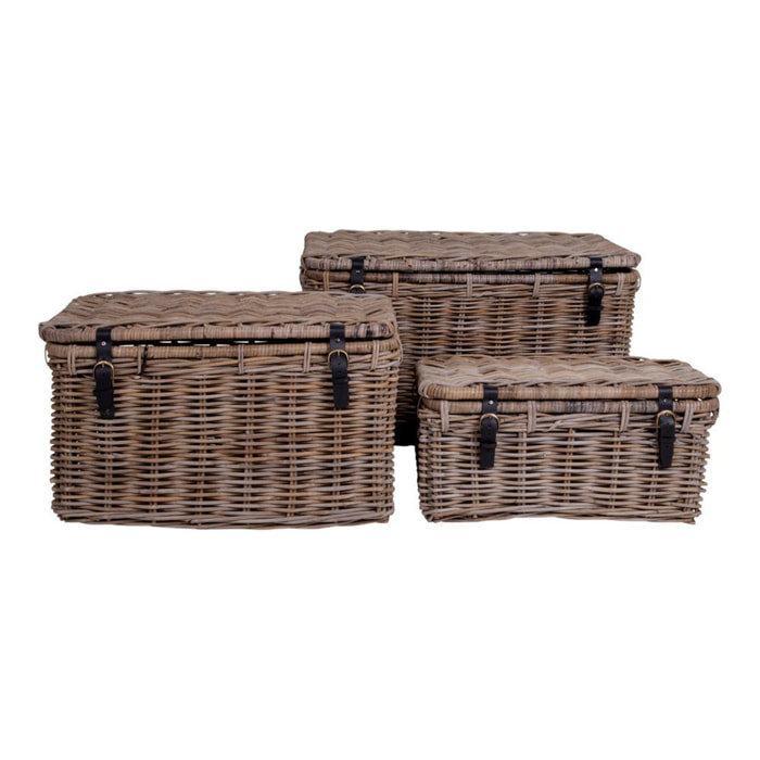 Set 3 bauli portaoggetti Depok in rattan kubu grigio con manici in pelle