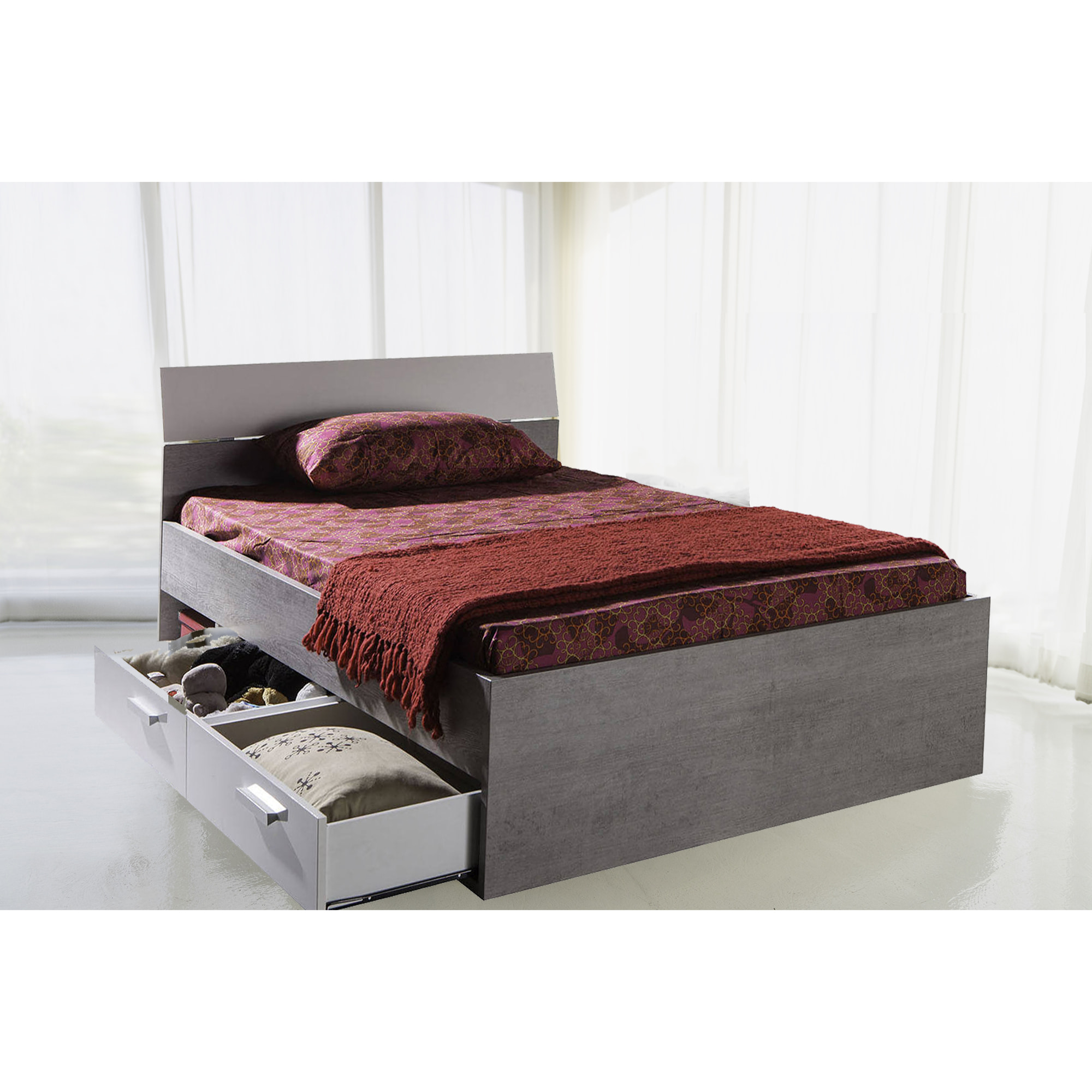 Letto matrimoniale 2 vani 2 cassetti in laminato cemento laccato bianco, 206 x 126.5 x 87, Grigio