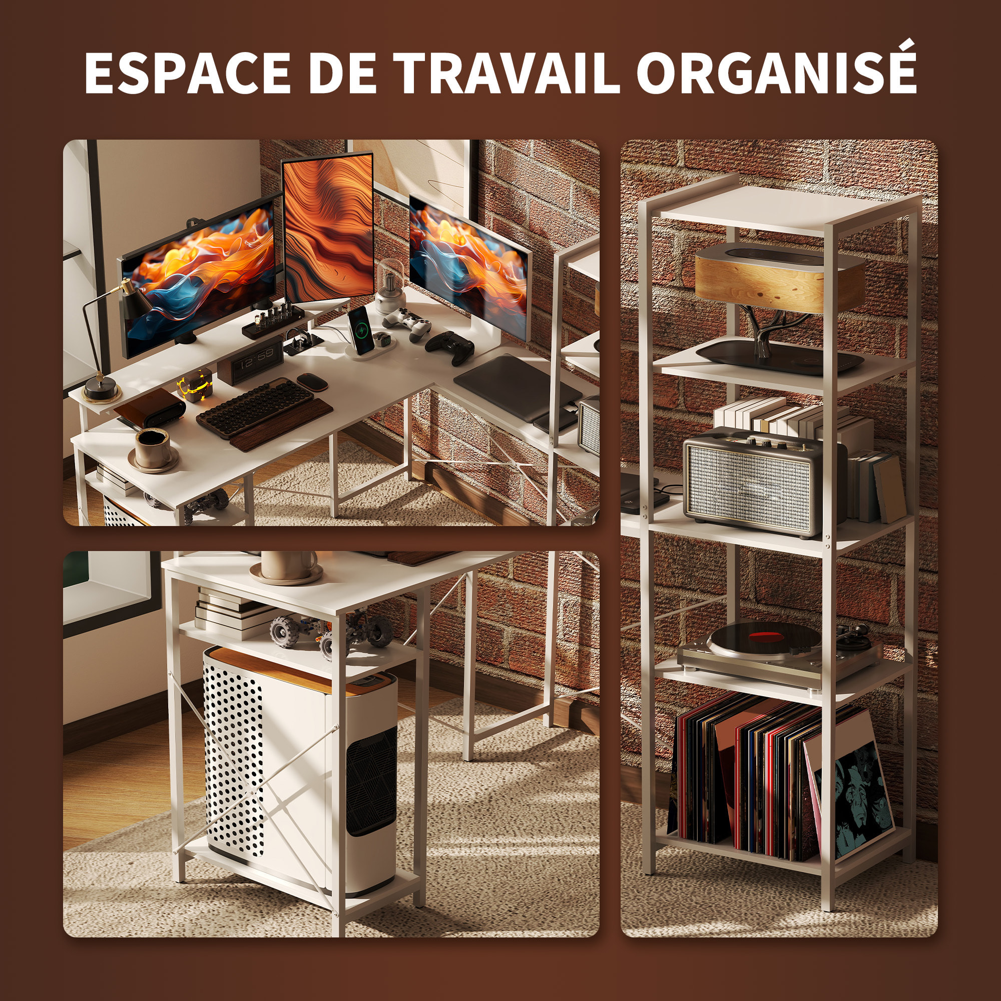 Bureau d'angle design contemporain multi-rangement - prise intégrée - métal panneaux blanc