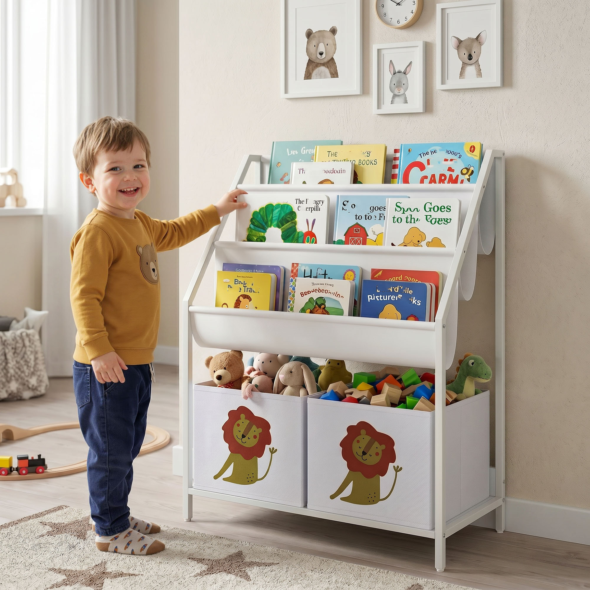 AIYAPLAY Librería Infantil de 4 Niveles Estantería para Libros Montessori con 3 Estantes 2 Cajones de Tela con Diseño de León para Sala de Juegos Dormitorio Guardería para Niños de Altura 76 cm Blanco