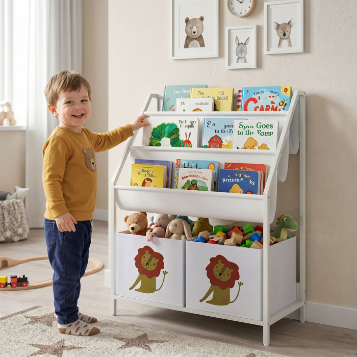 AIYAPLAY Librería Infantil de 4 Niveles Estantería para Libros Montessori con 3 Estantes 2 Cajones de Tela con Diseño de León para Sala de Juegos Dormitorio Guardería para Niños de Altura 76 cm Blanco