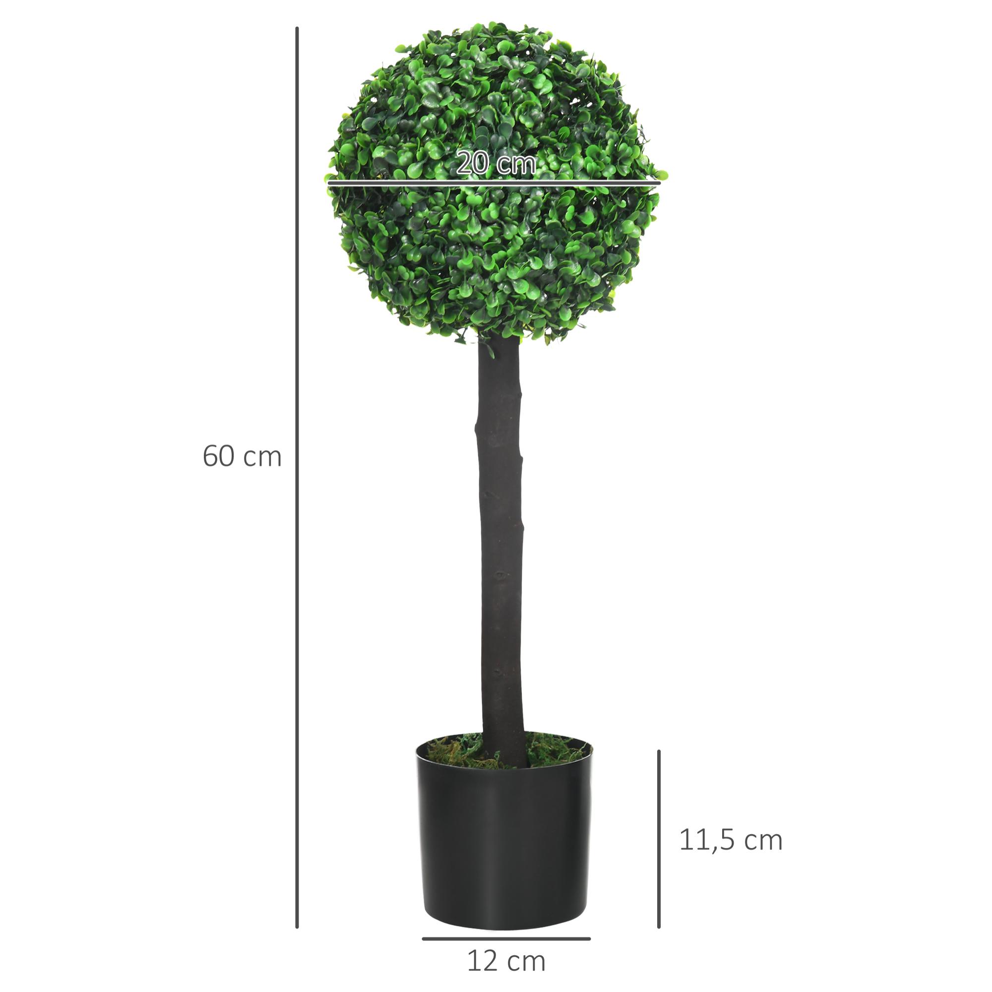 Juego de 2 Plantas Artificiales Decorativas 60 cm Árboles de Bolas de Boj en Macetas Plantas Falsas para Decoración Interior y Exterior del Hogar Ø20x60 cm Verde