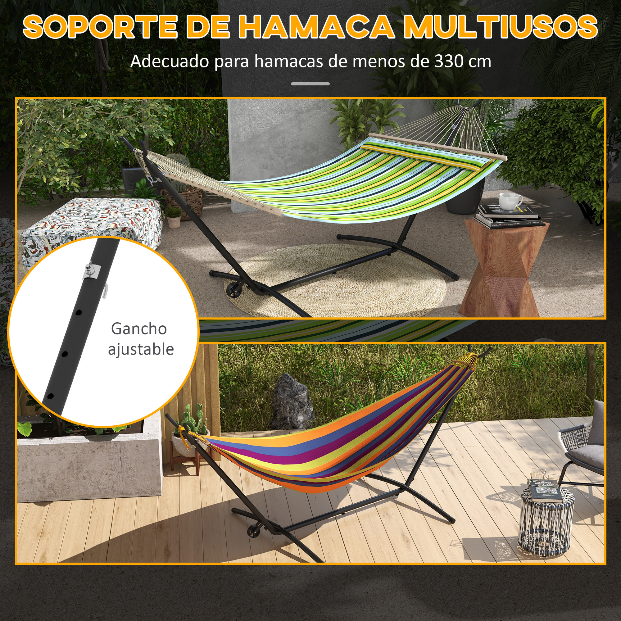 Outsunny Soporte para Hamacas de Acero Estructura para Hamaca Carga 220 kg con Rueda 2 Ganchos Ajustables en 6 Niveles y Bolsa de Transporte 290x120x115 cm Negro