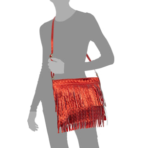 Avise bolso bandolera con flecos mujer. Piel auténtica Gamuza lacada brillante.