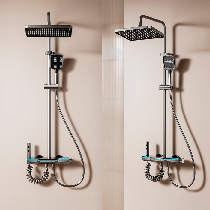 Juego de ducha completo 845 montado en pared. Con pantalla digital y múltiples modos de agua, con mezclador, iluminación ambiental y control preciso.