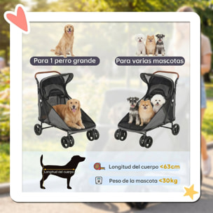 Carrito para Perros y Gatos Grande Plegable con un Botón hasta 30 kg, Cochecito para Perros Medianos y Grandes, Suspensión 4 Ruedas, Giratorio, Freno de Pie, Cojín Lavable, Gris