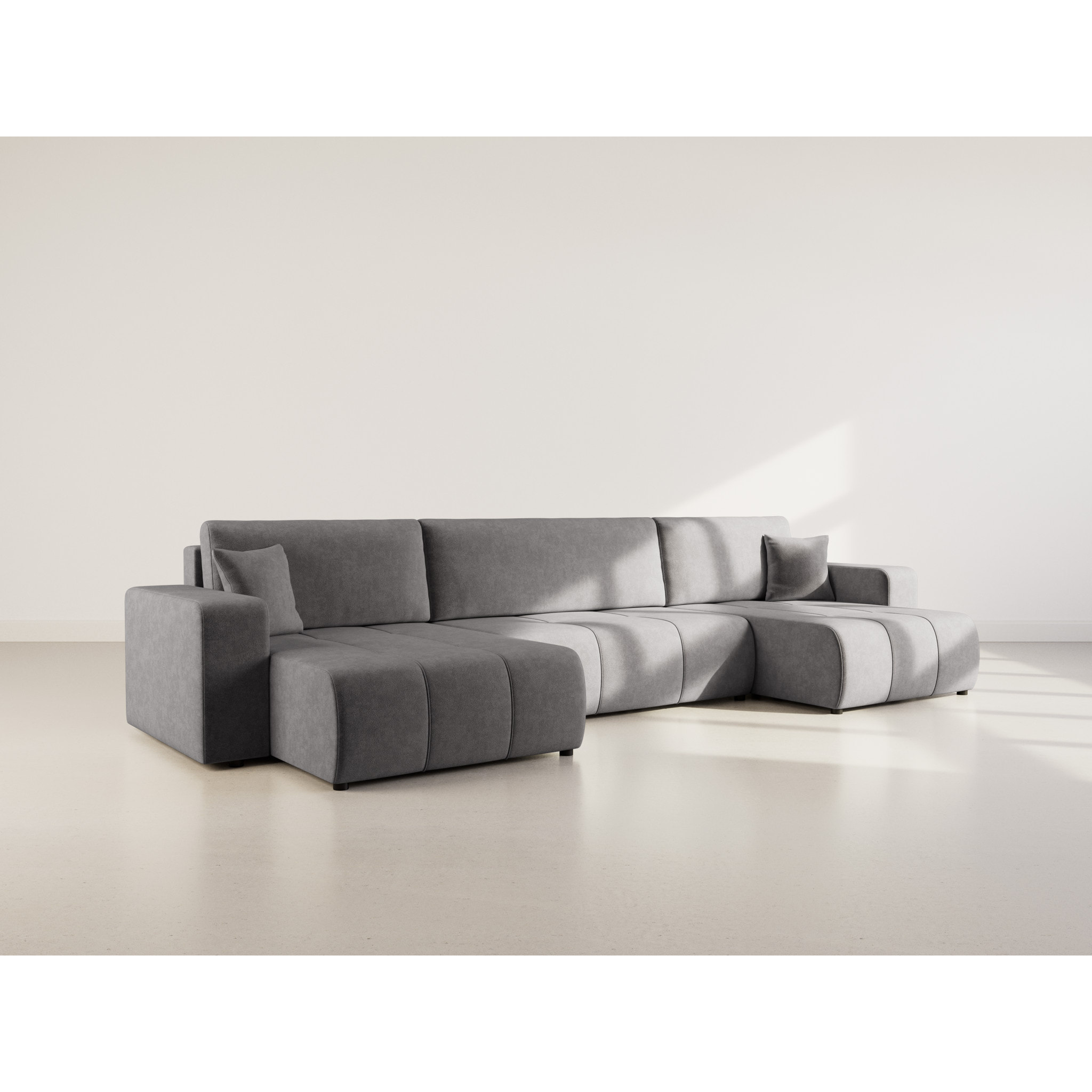 Nicole - Canapé panoramique en U 7 places convertible avec coffre en tissu - Gris