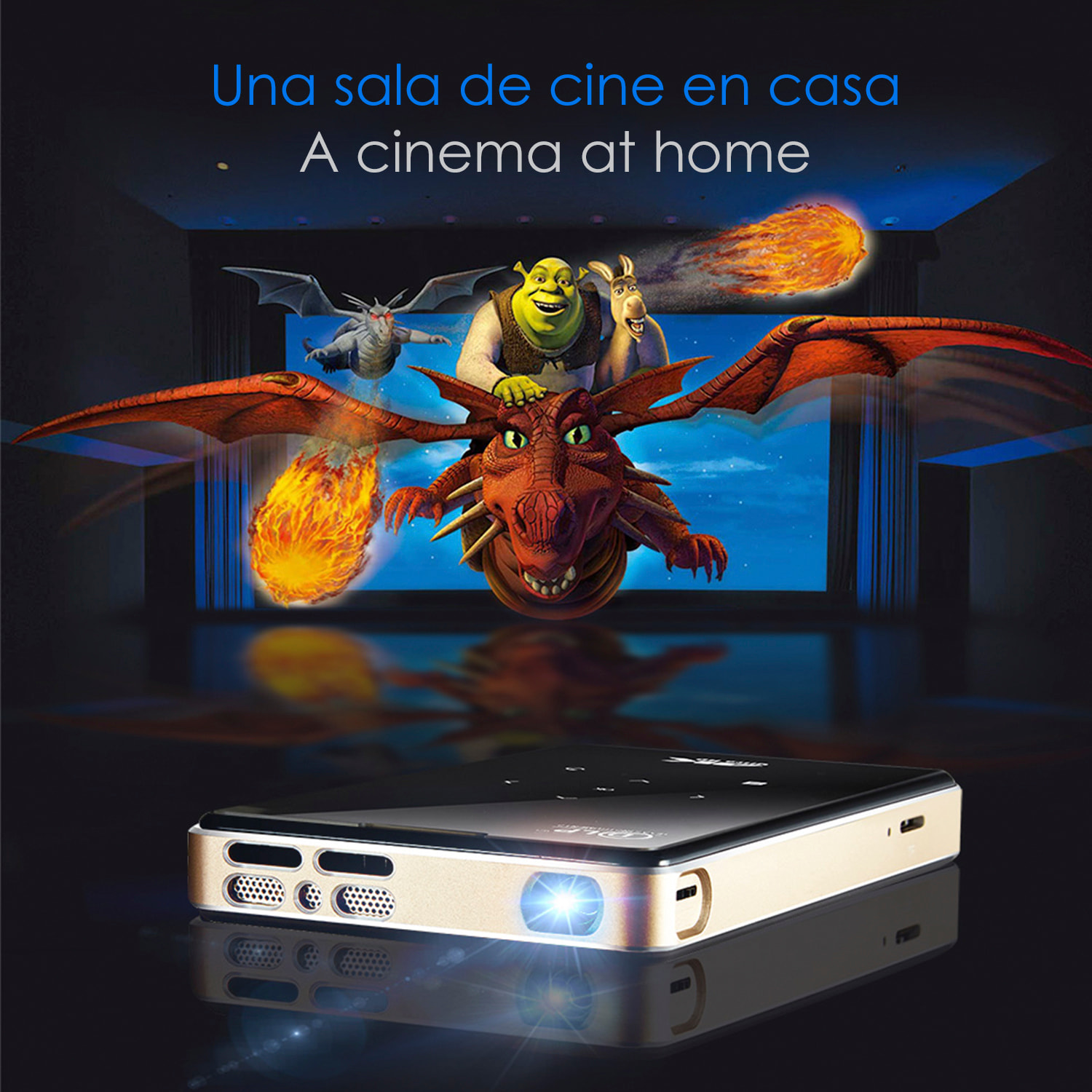 DAM Mini video proyector LED portátil P09, DLP. Android 9.0, WiFi, panel táctil. Batería recargable. Duplicación pantalla. Netflix, Youtube, etc. 14,5x8x1,8 Cm. Color: Negro