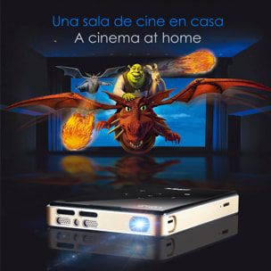 DAM Mini video proyector LED portátil P09, DLP. Android 9.0, WiFi, panel táctil. Batería recargable. Duplicación pantalla. Netflix, Youtube, etc. 14,5x8x1,8 Cm. Color: Negro