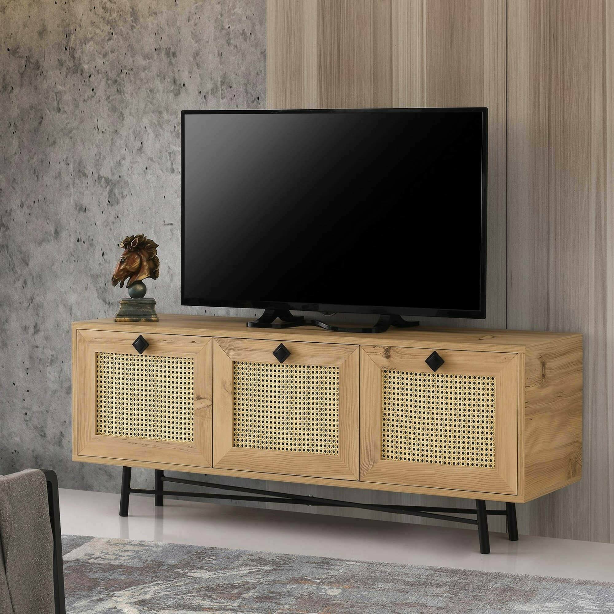 Mobile porta TV Dpasinat, Credenza da soggiorno, Armadio basso per TV, Base parete attrezzata, 140x40h60 cm, Quercia e Nero