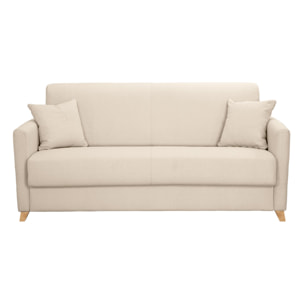 Canapé convertible 3 places en tissu beige et bois clair avec matelas 13 cm SKANDY