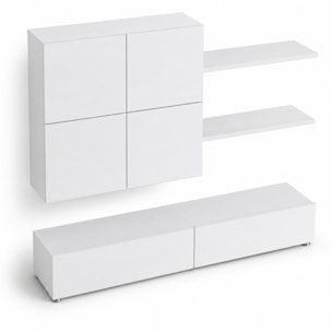 Parete Attrezzata Mobile Soggiorno Moderno Con Base TV 2 Ante Pensile 4 Ante e 2 Mensole Design Contemporaneo in Melaminico 200 x 194 x 40 cm Bianco