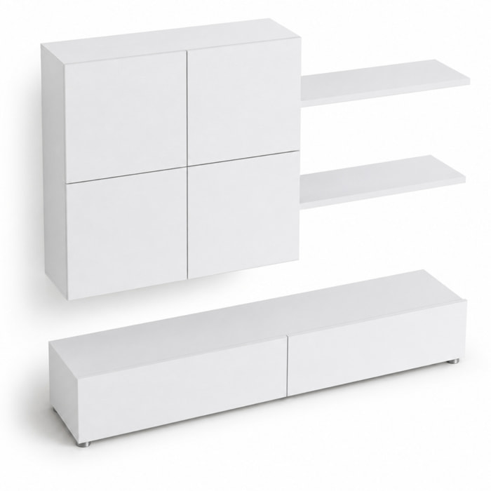 Parete Attrezzata Mobile Soggiorno Moderno Con Base TV 2 Ante Pensile 4 Ante e 2 Mensole Design Contemporaneo in Melaminico 200 x 194 x 40 cm Bianco