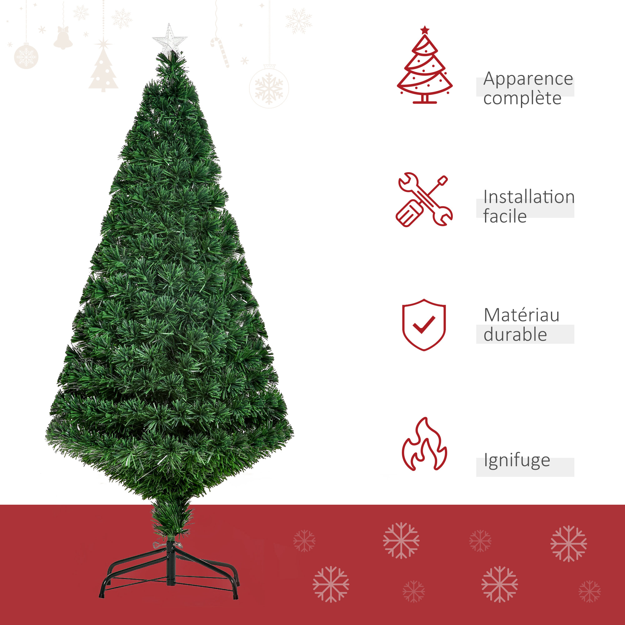 Sapin de Noël artificiel lumineux fibre optique multicolore + support pied Ø 75 x 150H cm 180 branches étoile sommet brillante vert