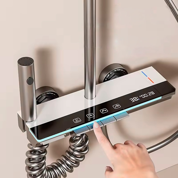 Juego de ducha completo 849 montado en pared. Con pantalla digital y múltiples modos de agua, con mezclador, iluminación ambiental y control preciso.
