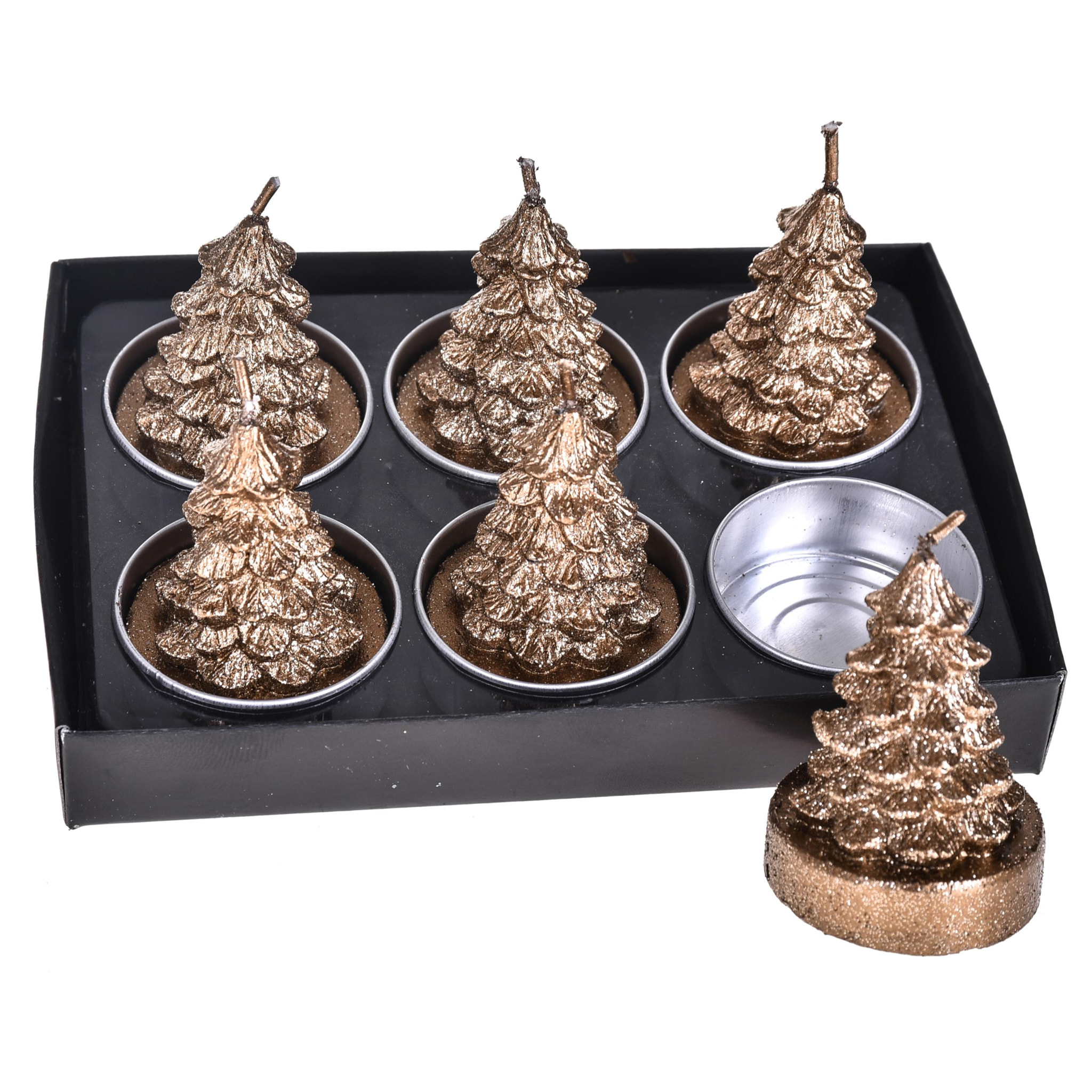 Porta tealight Albero Natale 6 Pz - Pezzi 3 - Colore Dorato - 13,8x5,5Hx9,5cm - Bianchi Dino