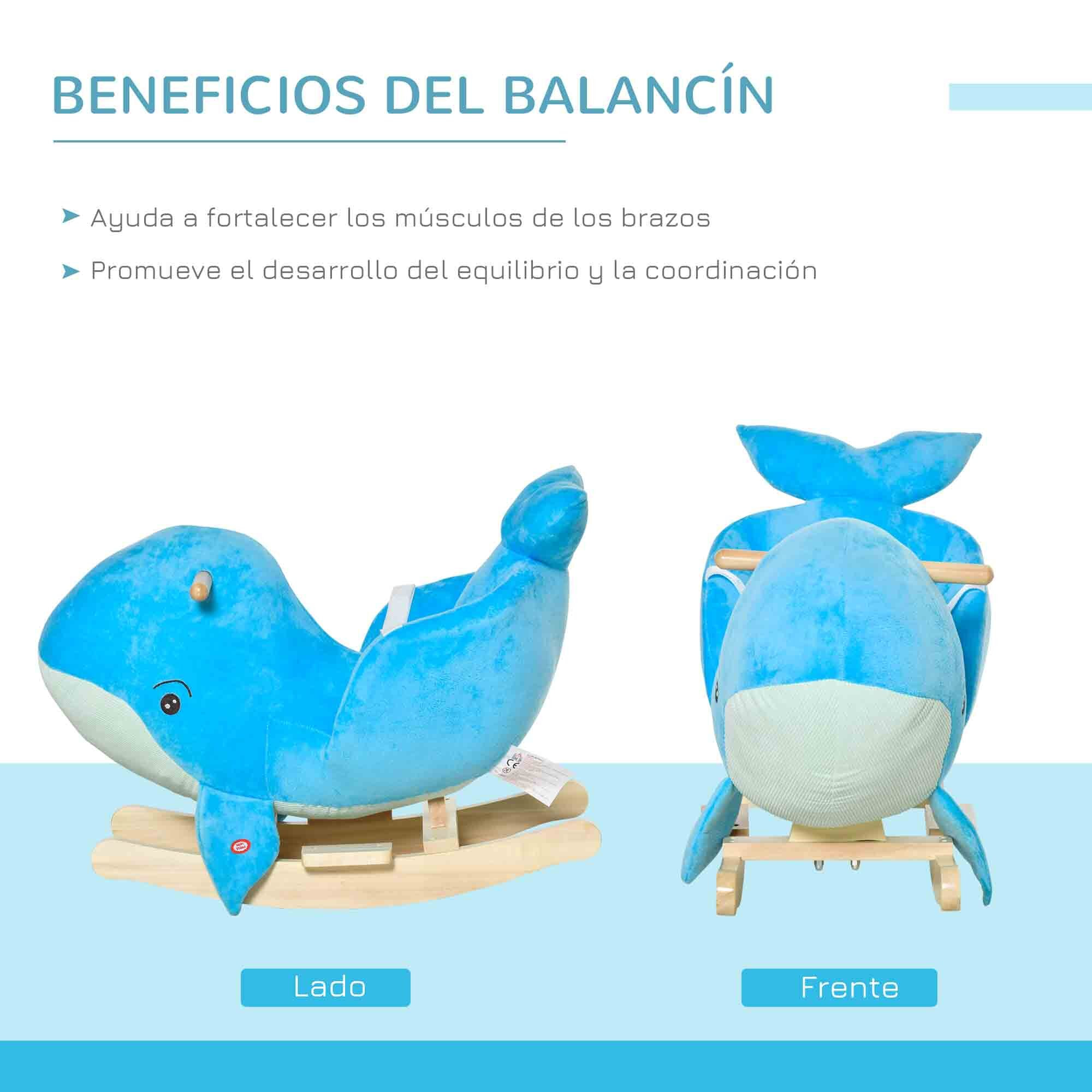 Caballo Balancín para Niños de 18-36 Mesas Forma Ballena Caballo de Juguete con Sonido Asas Cinturón de Seguridad y Base de Madera Carga 45 kg 60x33x50 cm Azul