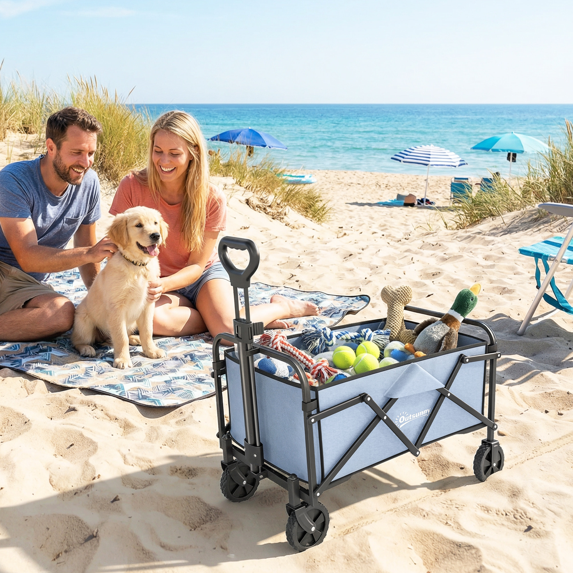 Chariot de jardin plage pliable 66L poignée télescopique métal polyester gris