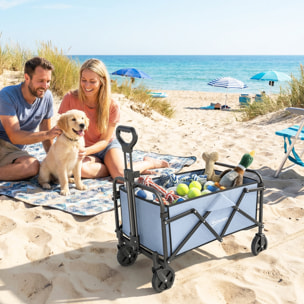 Chariot de jardin plage pliable 66L poignée télescopique métal polyester gris