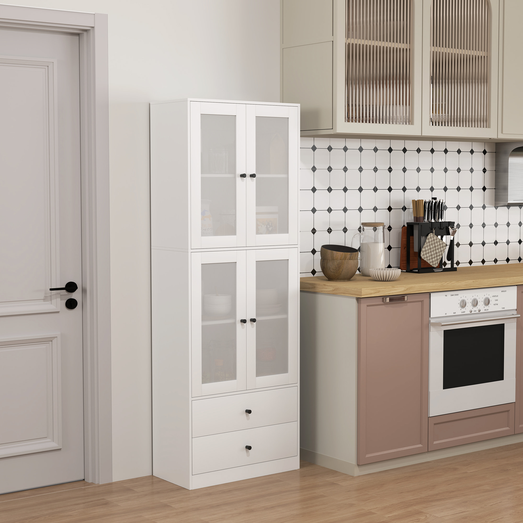 Alacena de Cocina Alta, Mueble Auxiliar de Cocina, con 4 Puertas de Vidrio, 2 Cajones, Estantes Ajustables, 59x30x170 cm, Blanco