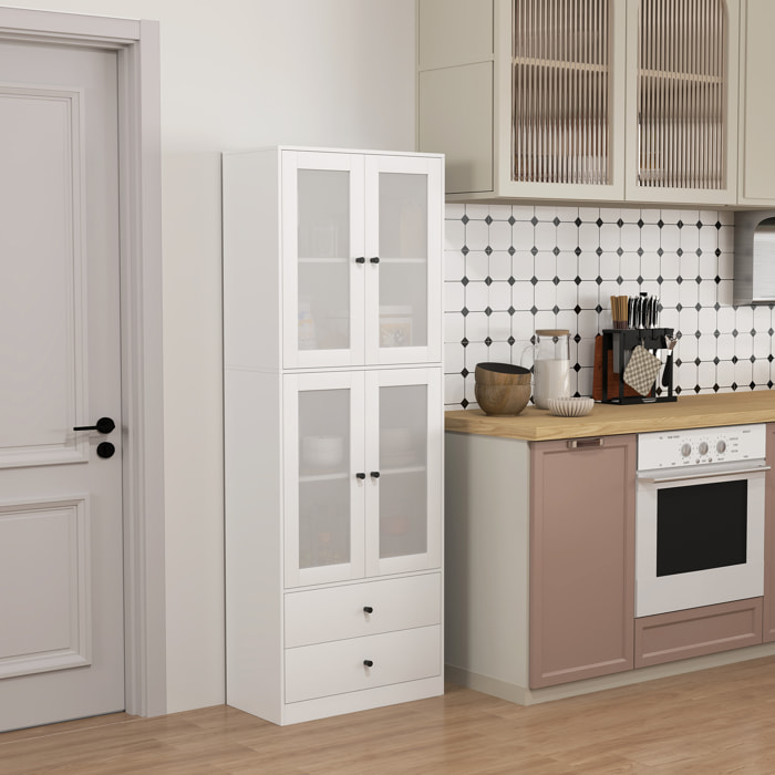 Alacena de Cocina Alta, Mueble Auxiliar de Cocina, con 4 Puertas de Vidrio, 2 Cajones, Estantes Ajustables, 59x30x170 cm, Blanco