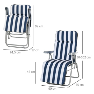 Lot de 2 chaise longue bain de soleil adjustable pliable transat lit de jardin en acier bleu + blanc