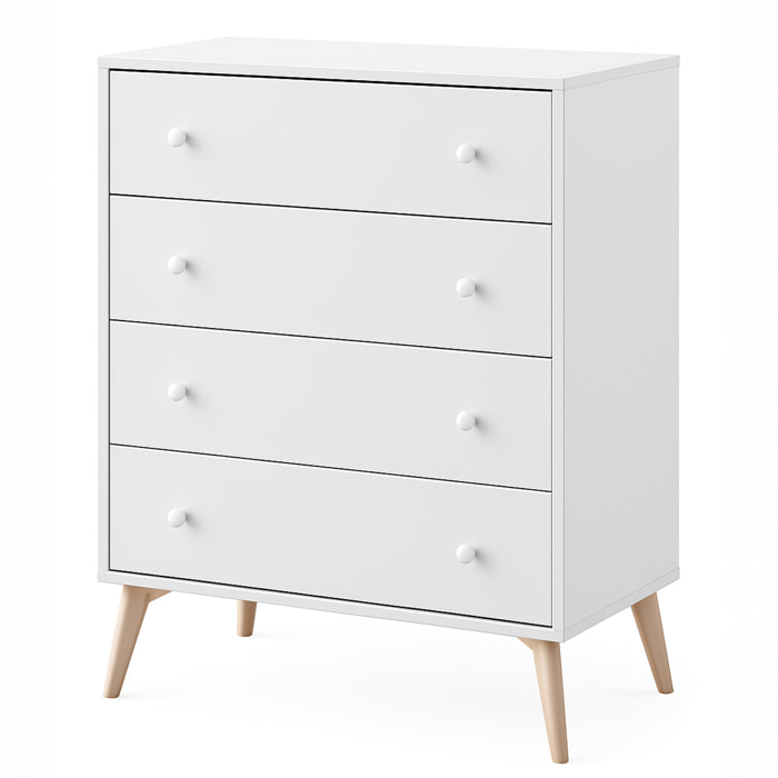 Comò A 4 Cassetti Comodino Stile Scandinavo Cassettiera Settimino Per Camera da Letto Con Gambe Nordiche Guide Metalliche 77.5x40x95 Cm Bianco Opaco