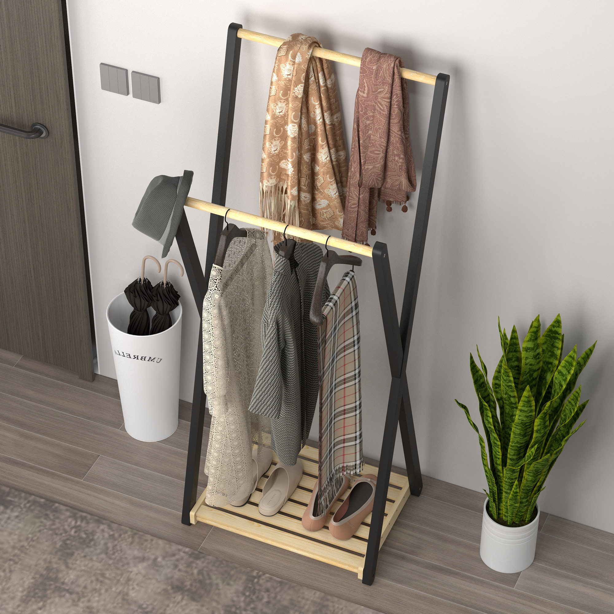 Portant à vêtements design contemporain - 2 barres, étagère - bois de pin naturel noir