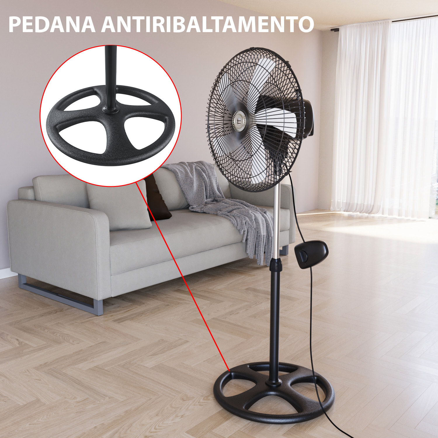 Ventilatore A Piantana Potente Da 75W Per Pavimento 5 Pale In Acciaio Da 42 Cm Silenzioso 3 Velocità Oscillante Altezza e Inclinazione Regolabili