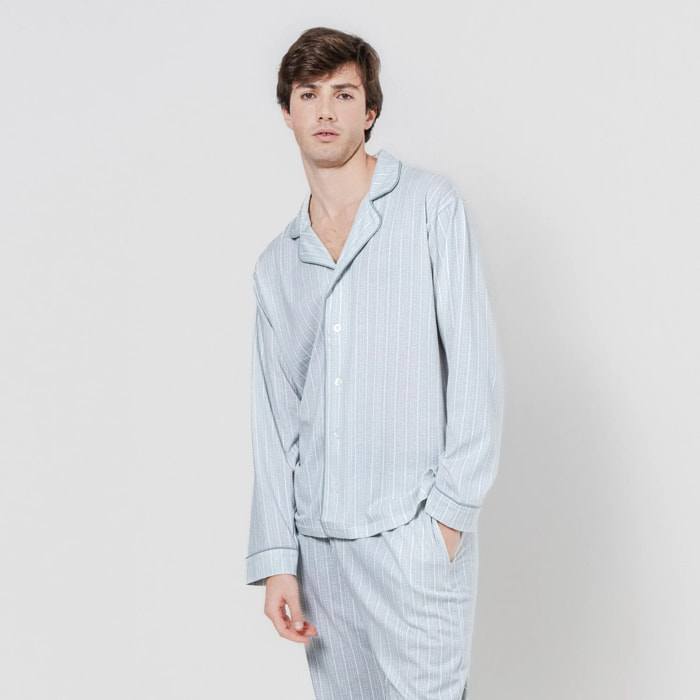 Pijama largo camisero algodón sarananda celeste