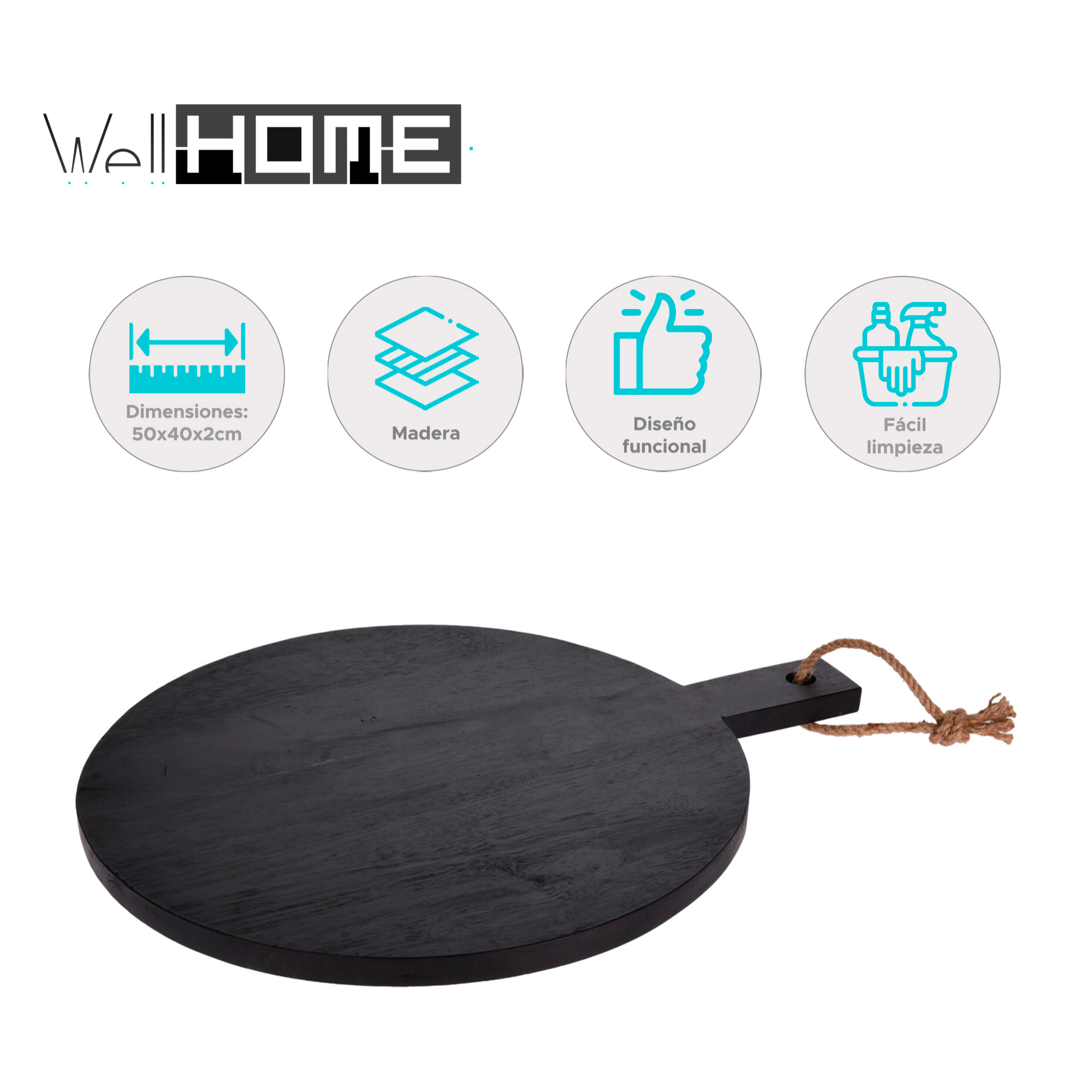 Tabla de cortar redonda con mango de madera de caucho Ideal para alimentos Ø40cm