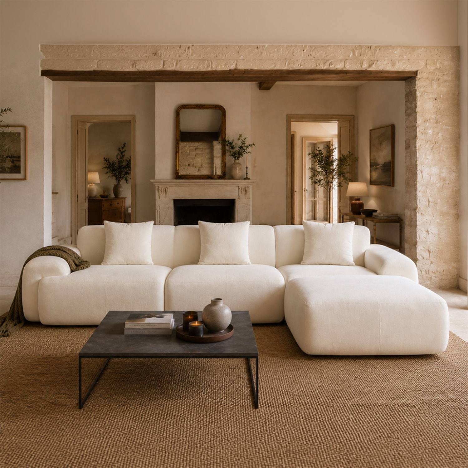 Canapé nuage compressé modulable en tissu chenille beige 4-5 places BURGESS